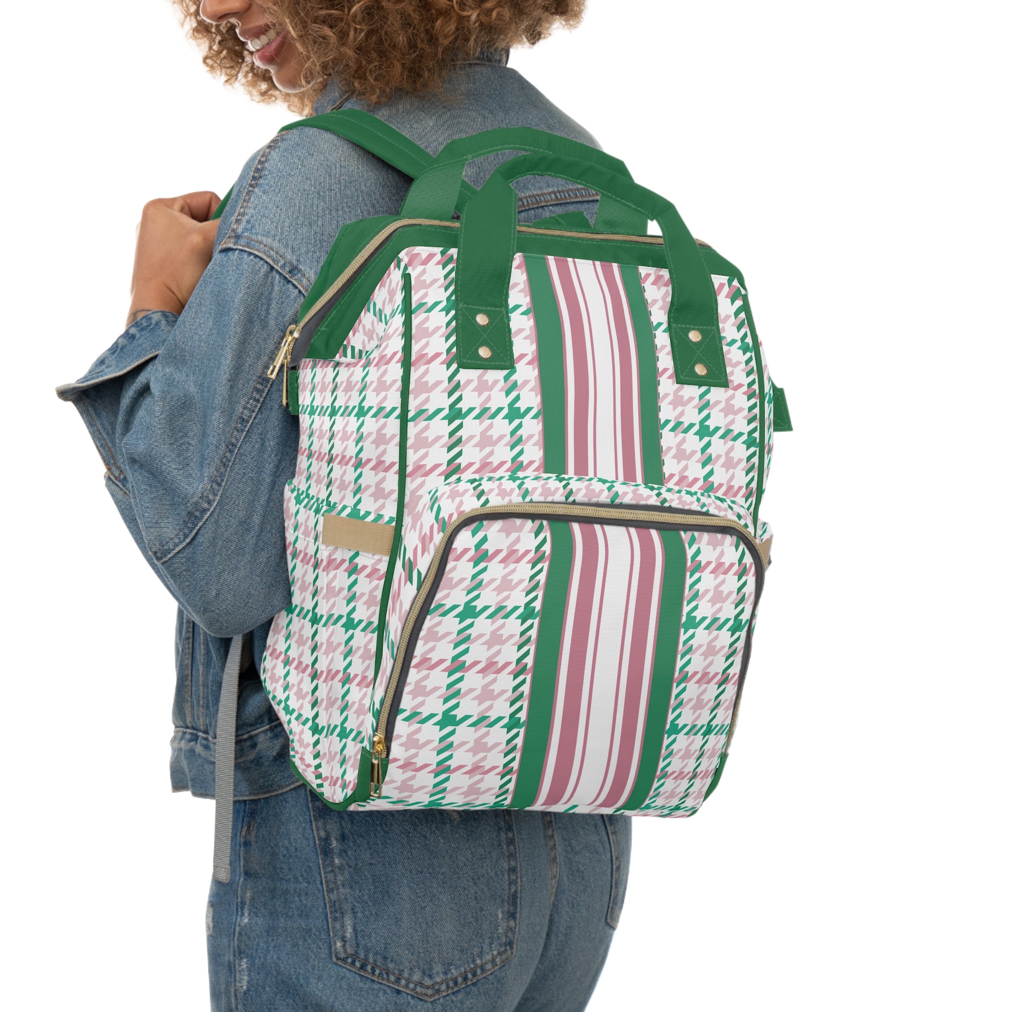Houndstooth & Stripes Commuter Backpack, Pink & Green