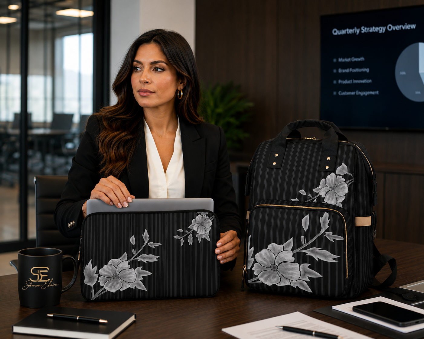 Pinstripe in Bloom Commuter Backpack, Black/Gray