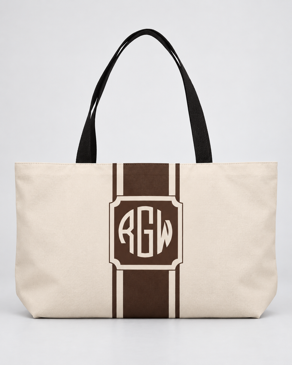Personalized Signature Stripe Weekender Tote | Custom Three-Initial Monogram Bag, Champagne & Espresso