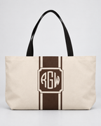 Personalized Signature Stripe Weekender Tote | Custom Three-Initial Monogram Bag, Champagne & Espresso