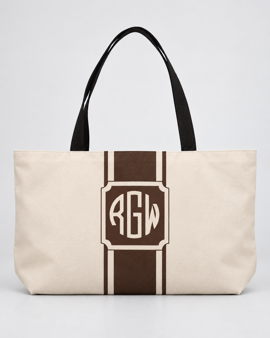 Personalized Signature Stripe Weekender Tote | Custom Three-Initial Monogram Bag, Champagne & Espresso