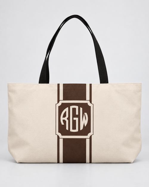 Personalized Signature Stripe Weekender Tote | Custom Three-Initial Monogram Bag, Champagne & Espresso
