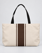 Personalized Signature Stripe Weekender Tote | Custom Three-Initial Monogram Bag, Champagne & Espresso