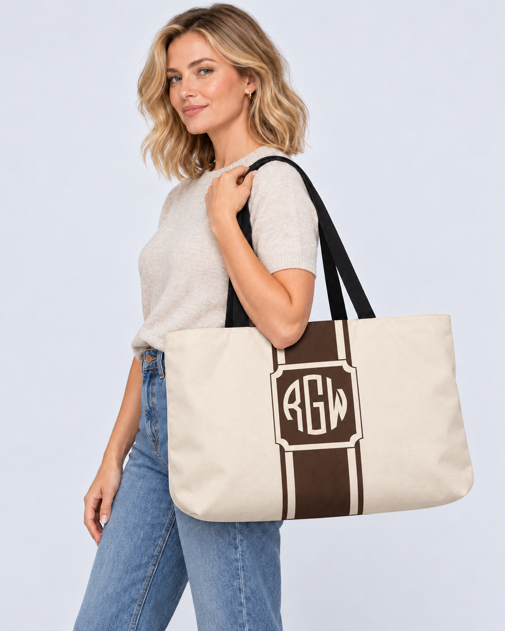 Personalized Signature Stripe Weekender Tote | Custom Three-Initial Monogram Bag, Champagne & Espresso