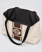 Personalized Signature Stripe Weekender Tote | Custom Three-Initial Monogram Bag, Champagne & Espresso