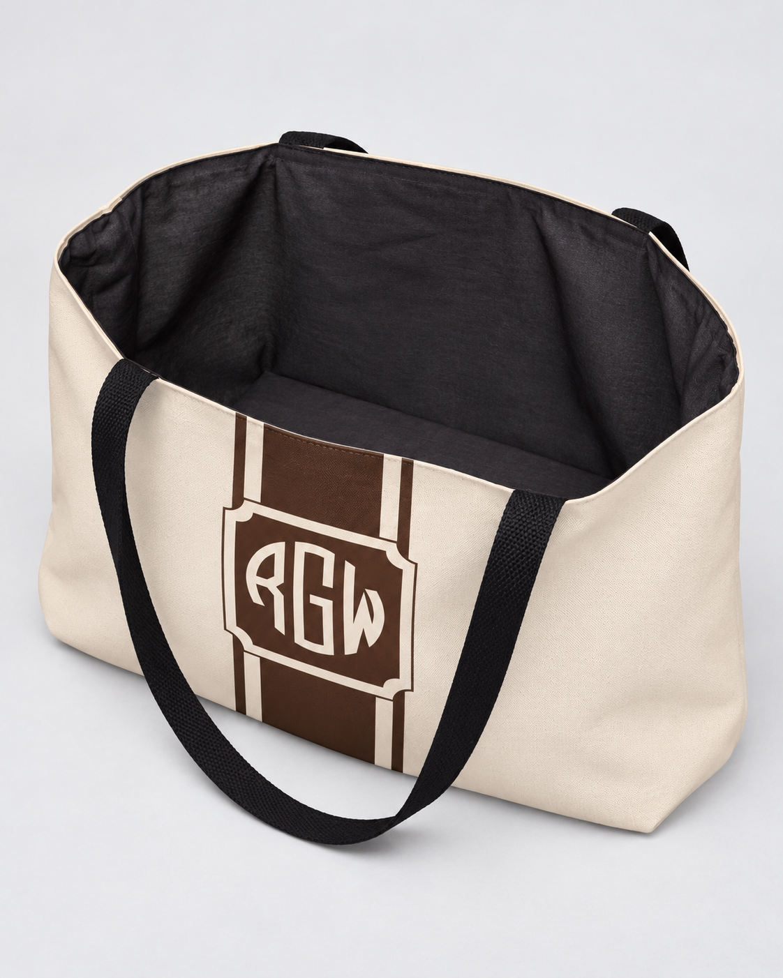 Personalized Signature Stripe Weekender Tote | Custom Three-Initial Monogram Bag, Champagne & Espresso
