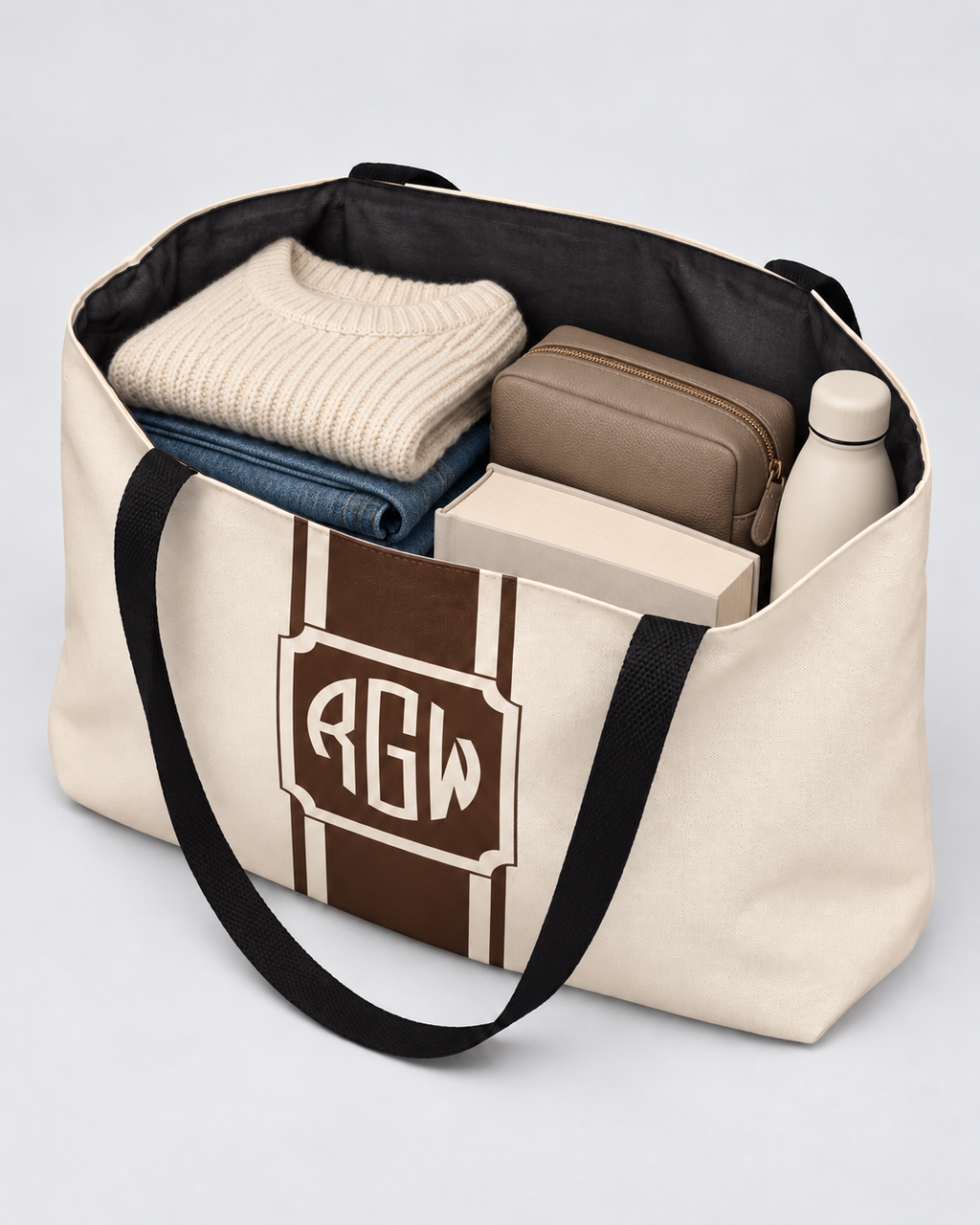 Personalized Signature Stripe Weekender Tote | Custom Three-Initial Monogram Bag, Champagne & Espresso