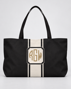 Personalized Signature Stripe Weekender Tote | Custom Three-Initial Monogram Bag, Charcoal & Ivory