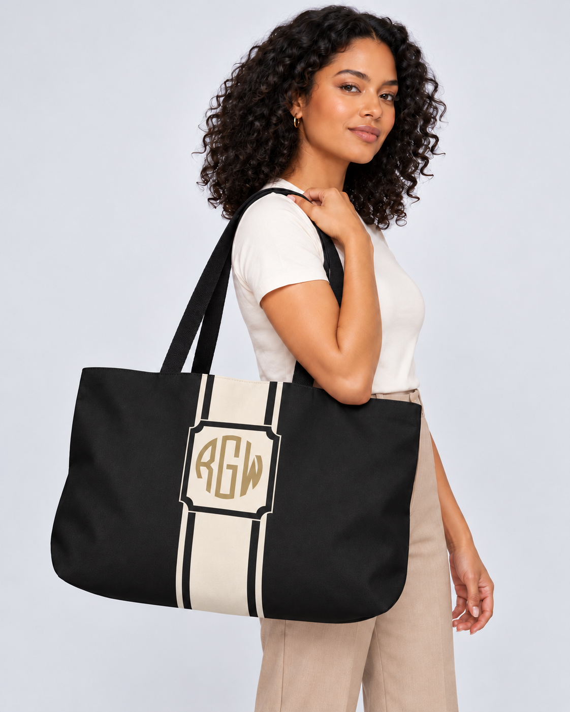 Personalized Signature Stripe Weekender Tote | Custom Three-Initial Monogram Bag, Charcoal & Ivory