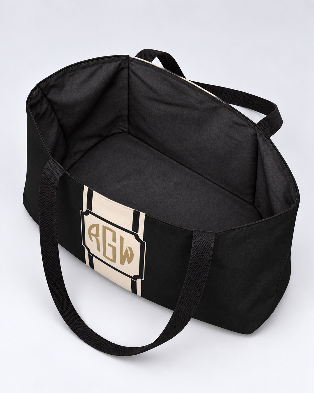 Personalized Signature Stripe Weekender Tote | Custom Three-Initial Monogram Bag, Charcoal & Ivory