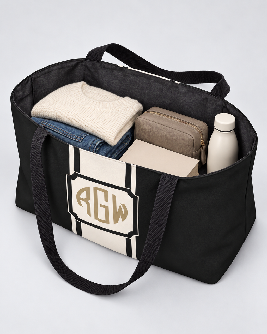 Personalized Signature Stripe Weekender Tote | Custom Three-Initial Monogram Bag, Charcoal & Ivory