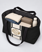 Personalized Signature Stripe Weekender Tote | Custom Three-Initial Monogram Bag, Charcoal & Ivory