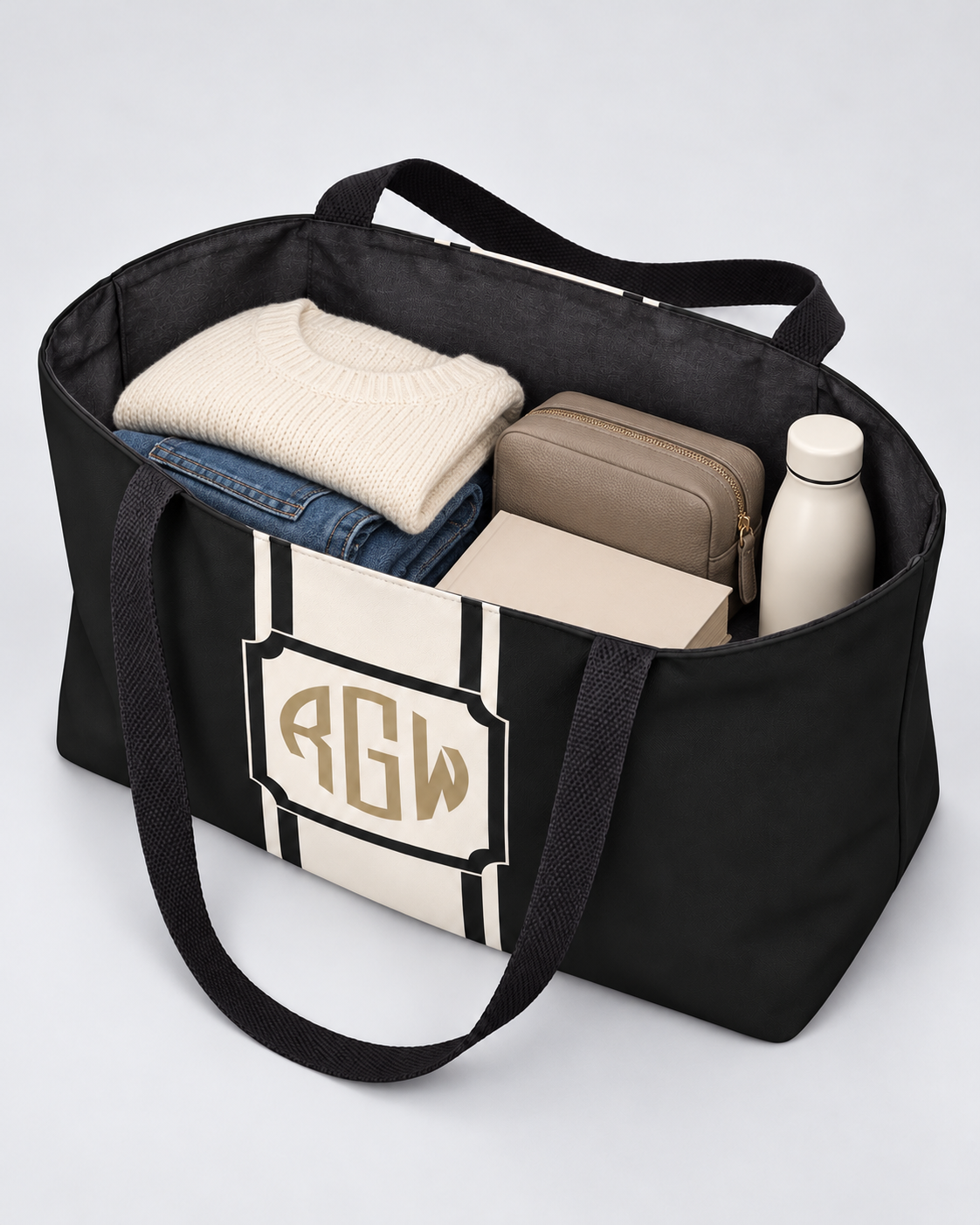 Personalized Signature Stripe Weekender Tote | Custom Three-Initial Monogram Bag, Charcoal & Ivory