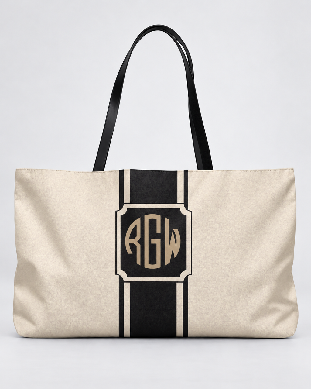 Personalized Signature Stripe Weekender Tote | Custom Three-Initial Monogram Bag, Ivory & Charcoal