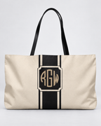 Personalized Signature Stripe Weekender Tote | Custom Three-Initial Monogram Bag, Ivory & Charcoal