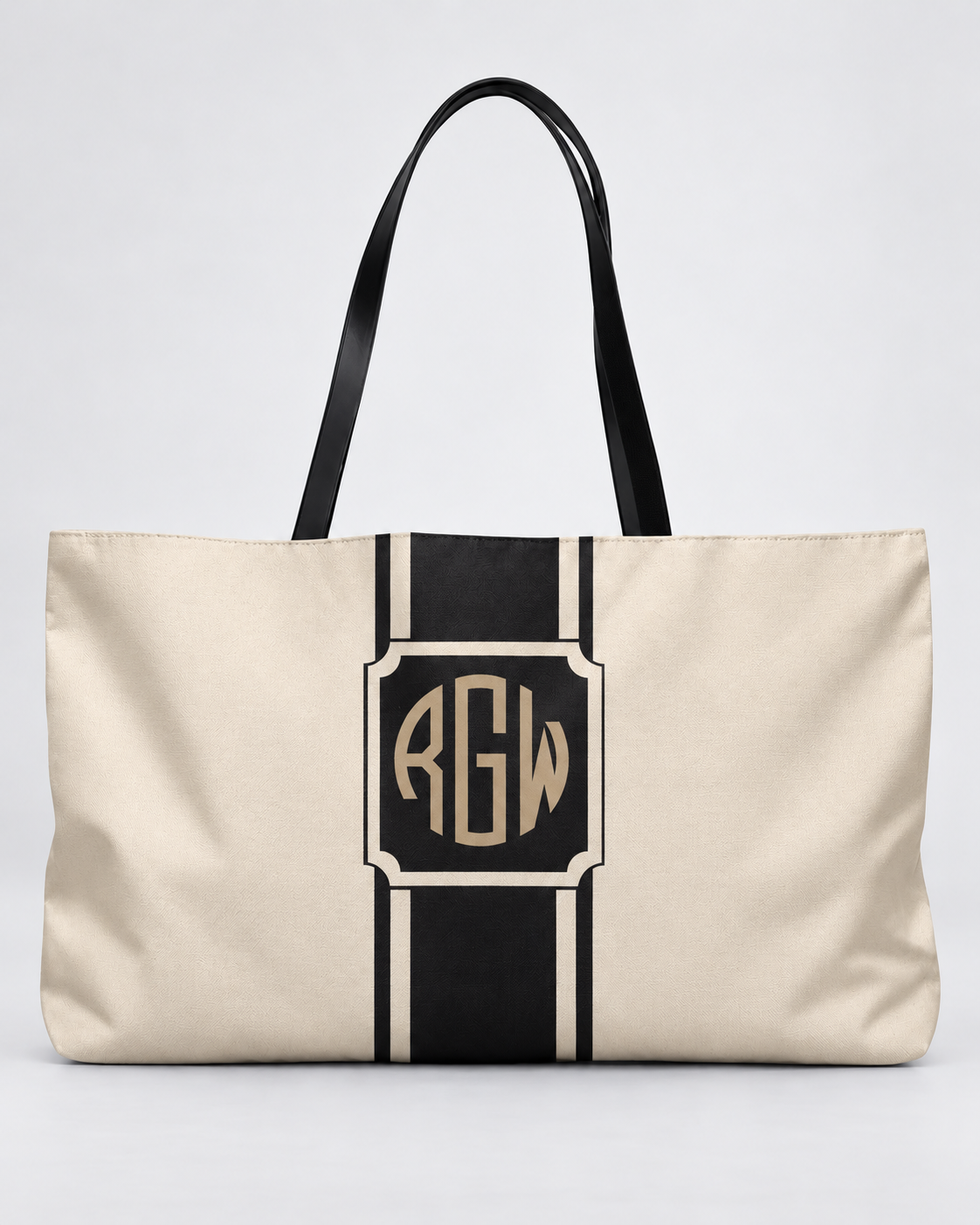 Personalized Signature Stripe Weekender Tote | Custom Three-Initial Monogram Bag, Ivory & Charcoal