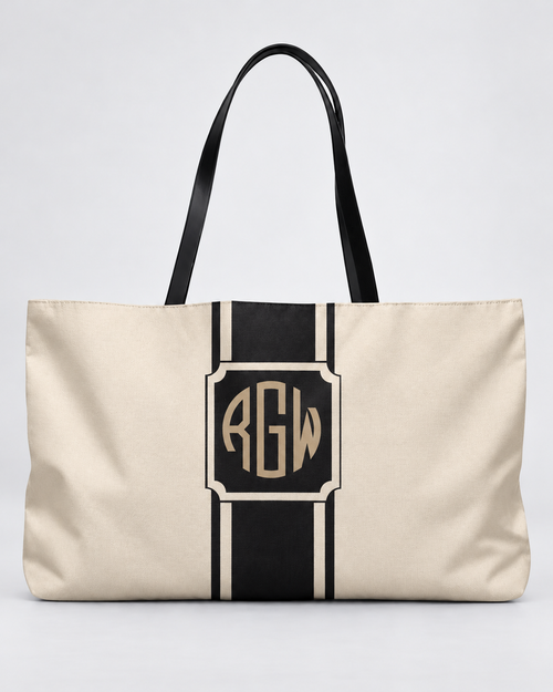 Personalized Signature Stripe Weekender Tote | Custom Three-Initial Monogram Bag, Ivory & Charcoal