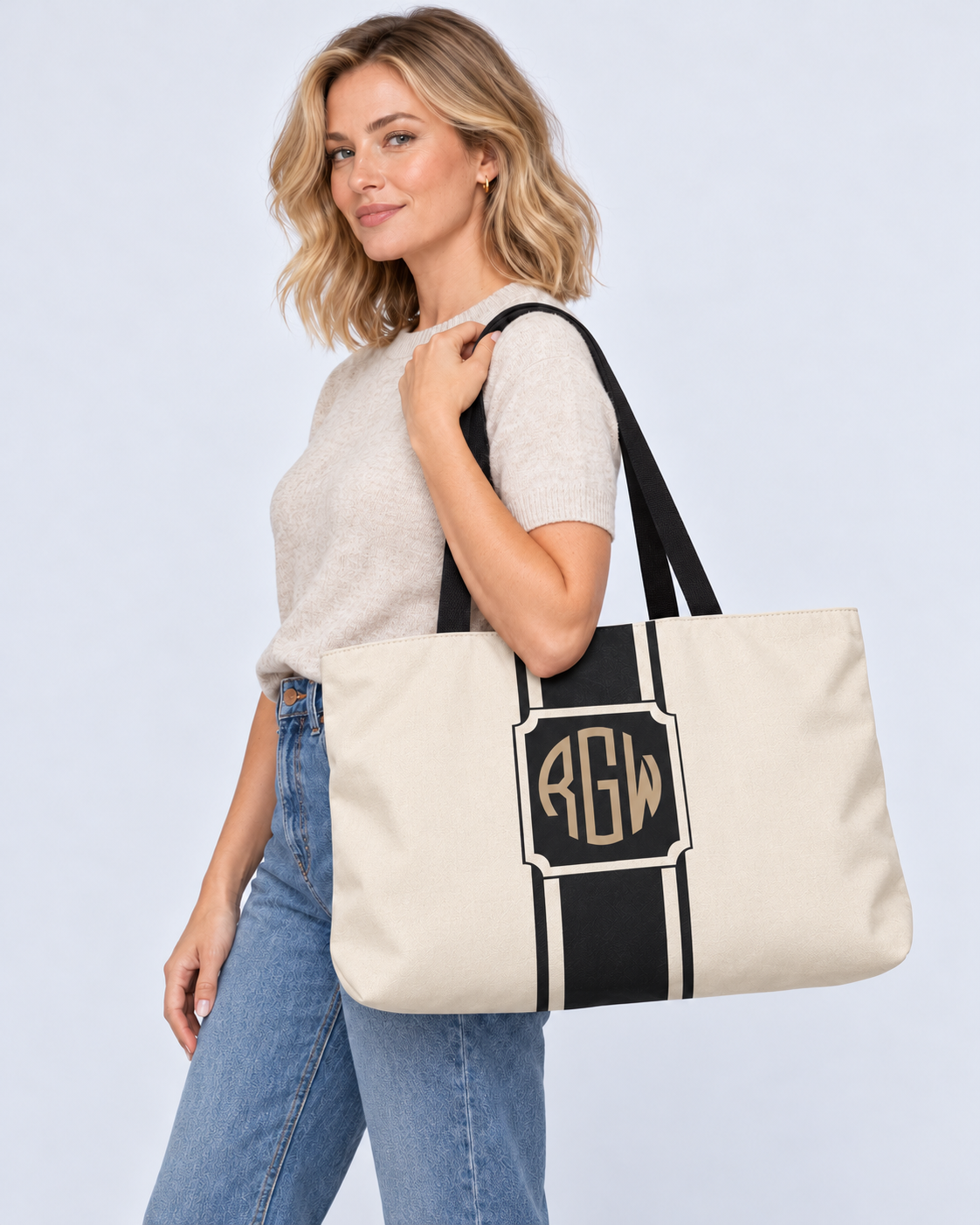 Personalized Signature Stripe Weekender Tote | Custom Three-Initial Monogram Bag, Ivory & Charcoal
