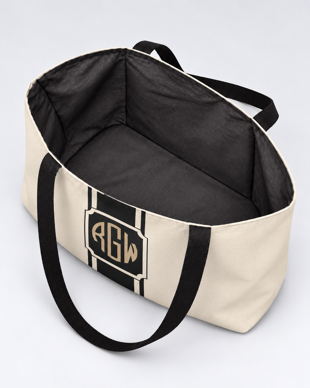 Personalized Signature Stripe Weekender Tote | Custom Three-Initial Monogram Bag, Ivory & Charcoal