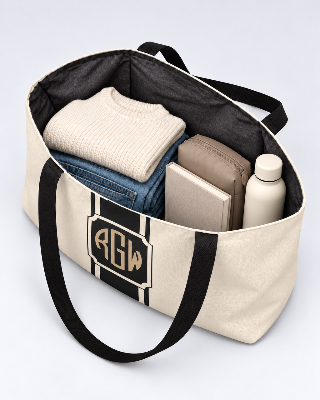 Personalized Signature Stripe Weekender Tote | Custom Three-Initial Monogram Bag, Ivory & Charcoal