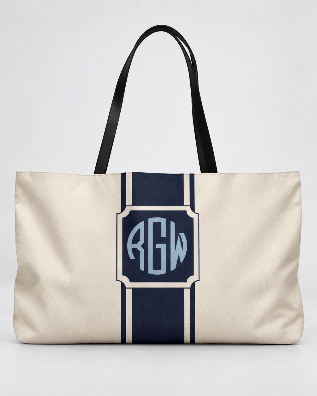 Personalized Signature Stripe Weekender Tote | Custom Three-Initial Monogram Bag, Ivory & Navy