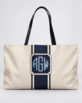 Personalized Signature Stripe Weekender Tote | Custom Three-Initial Monogram Bag, Ivory & Navy