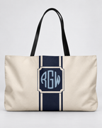 Personalized Signature Stripe Weekender Tote | Custom Three-Initial Monogram Bag, Ivory & Navy