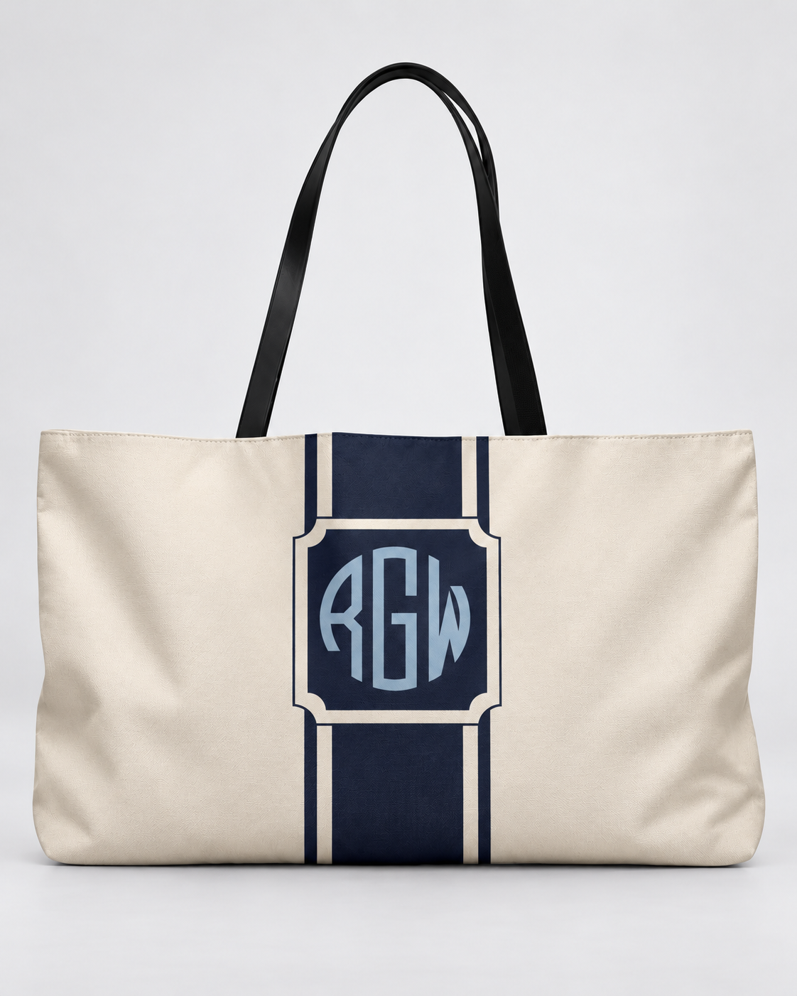 Personalized Signature Stripe Weekender Tote | Custom Three-Initial Monogram Bag, Ivory & Navy