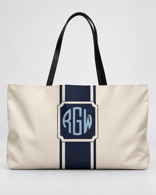 Personalized Signature Stripe Weekender Tote | Custom Three-Initial Monogram Bag, Ivory & Navy