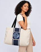 Personalized Signature Stripe Weekender Tote | Custom Three-Initial Monogram Bag, Ivory & Navy