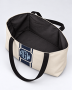 Personalized Signature Stripe Weekender Tote | Custom Three-Initial Monogram Bag, Ivory & Navy