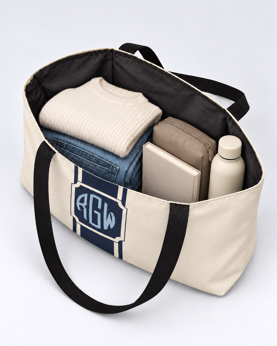 Personalized Signature Stripe Weekender Tote | Custom Three-Initial Monogram Bag, Ivory & Navy
