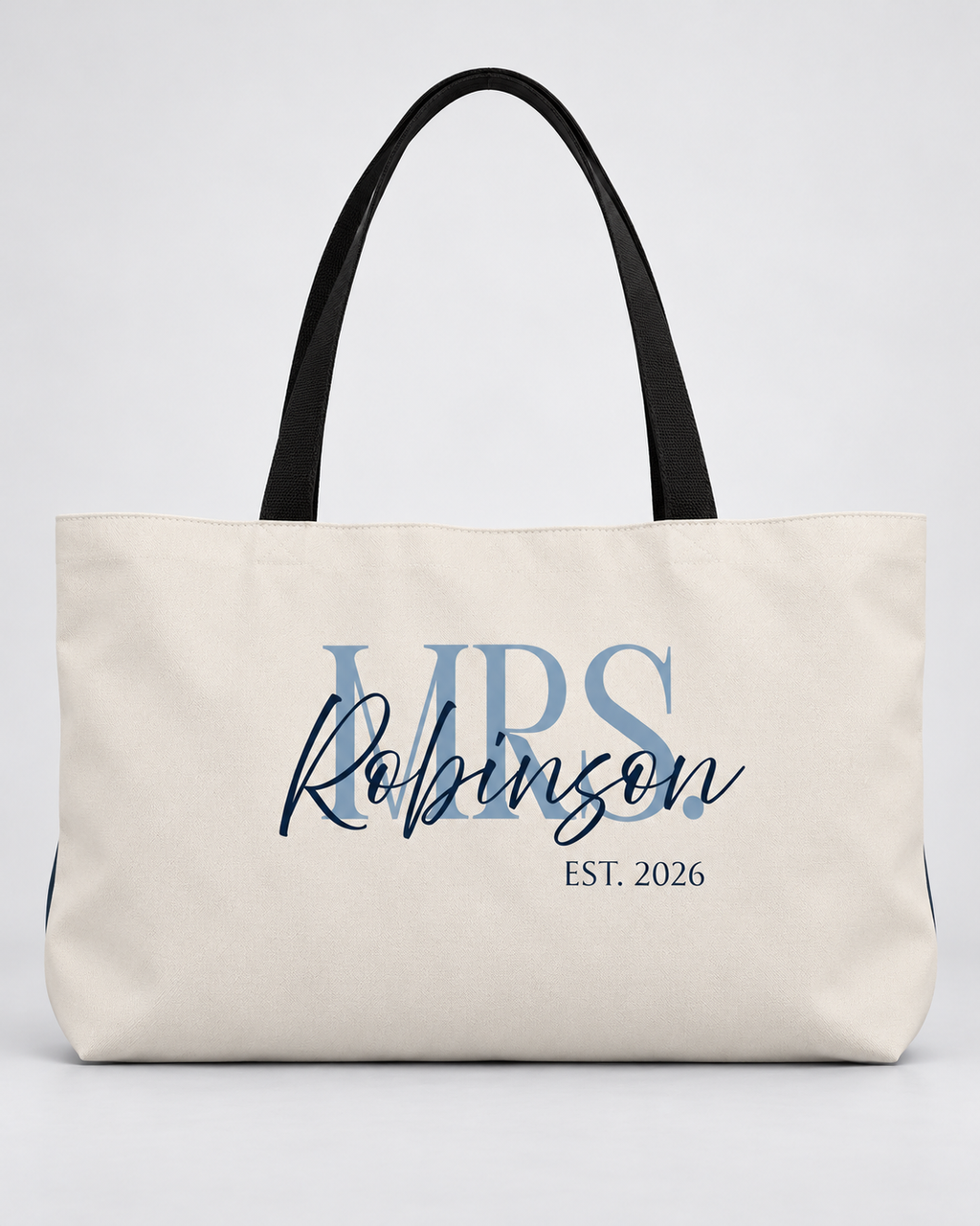 Personalized Mrs. Bridal Weekender Tote | Custom Bride Bag with Last Name, Wedding Year & Couple’s Initials, Ivory & Navy