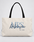 Personalized Mrs. Bridal Weekender Tote | Custom Bride Bag with Last Name, Wedding Year & Couple’s Initials, Ivory & Navy