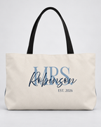 Personalized Mrs. Bridal Weekender Tote | Custom Bride Bag with Last Name, Wedding Year & Couple’s Initials, Ivory & Navy