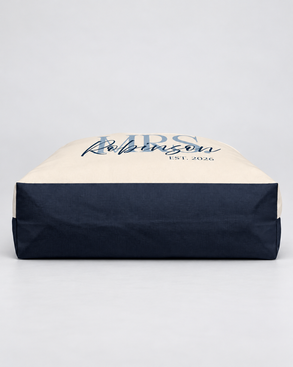Personalized Mrs. Bridal Weekender Tote | Custom Bride Bag with Last Name, Wedding Year & Couple’s Initials, Ivory & Navy
