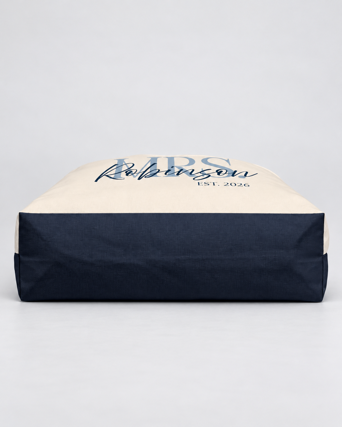 Personalized Mrs. Bridal Weekender Tote | Custom Bride Bag with Last Name, Wedding Year & Couple’s Initials, Ivory & Navy