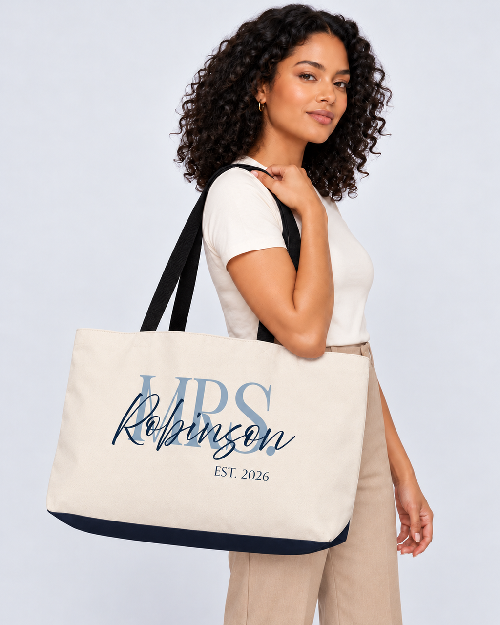 Personalized Mrs. Bridal Weekender Tote | Custom Bride Bag with Last Name, Wedding Year & Couple’s Initials, Ivory & Navy