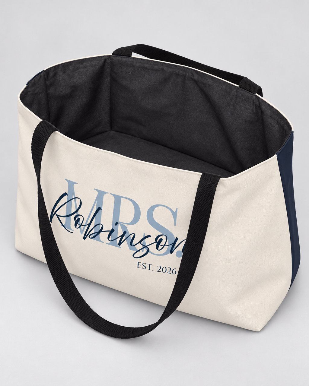 Personalized Mrs. Bridal Weekender Tote | Custom Bride Bag with Last Name, Wedding Year & Couple’s Initials, Ivory & Navy