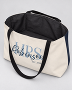 Personalized Mrs. Bridal Weekender Tote | Custom Bride Bag with Last Name, Wedding Year & Couple’s Initials, Ivory & Navy