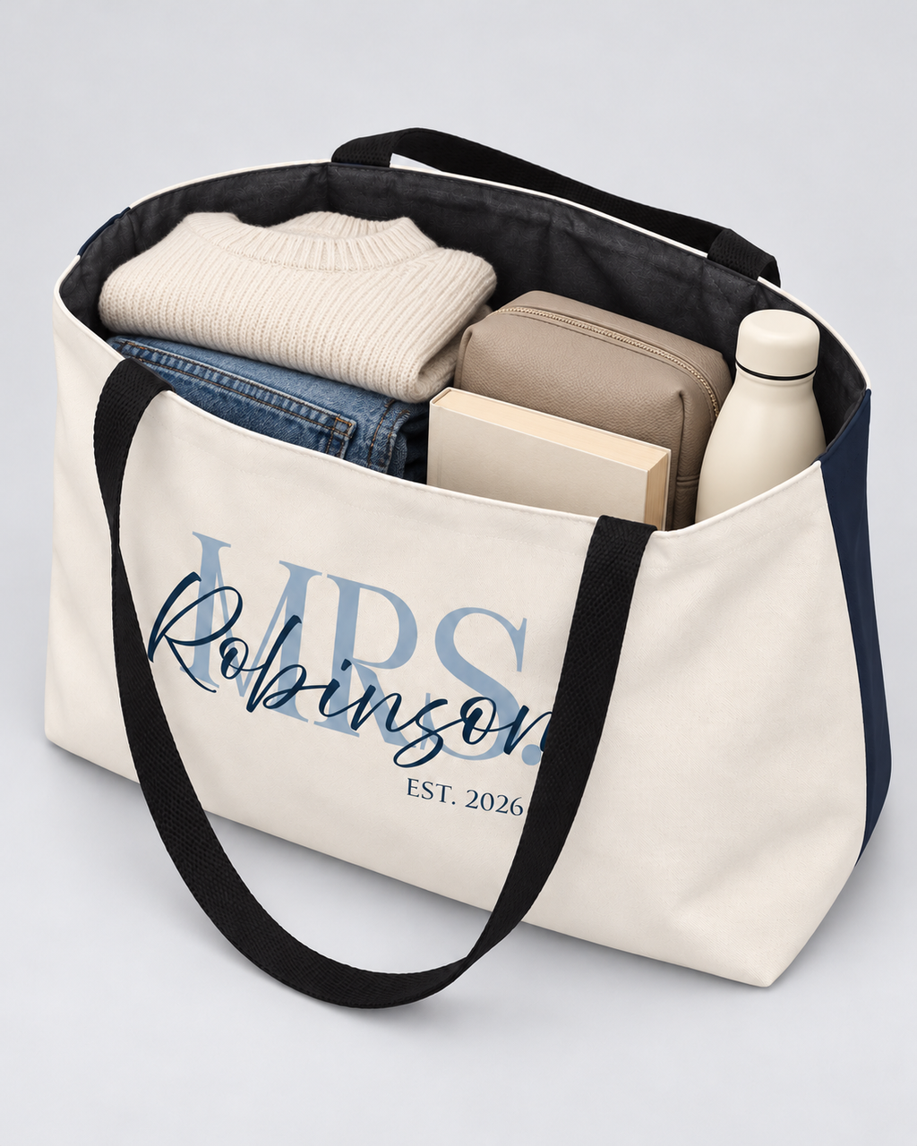 Personalized Mrs. Bridal Weekender Tote | Custom Bride Bag with Last Name, Wedding Year & Couple’s Initials, Ivory & Navy