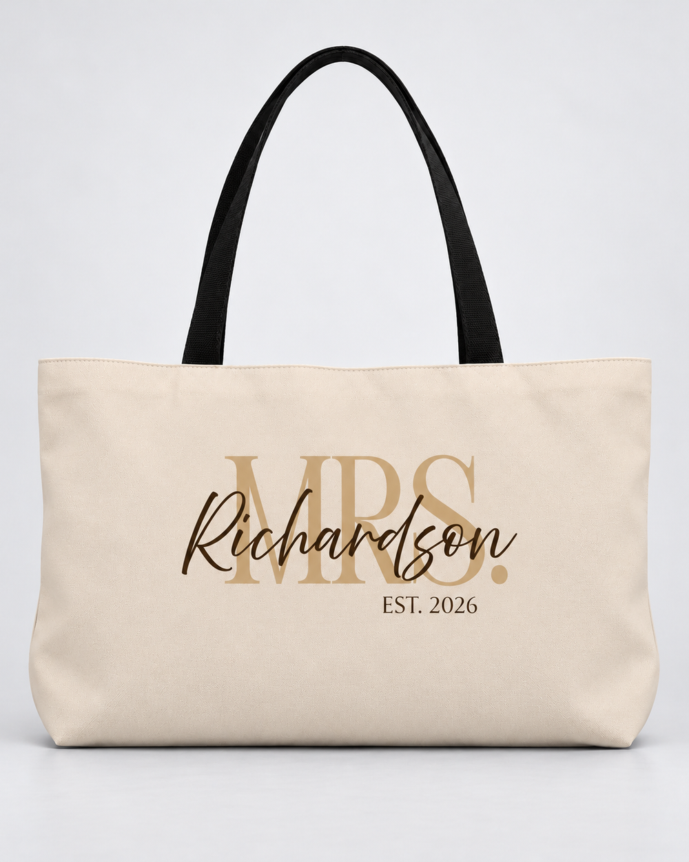 Personalized Mrs. Bridal Weekender Tote | Custom Bride Bag with Last Name, Wedding Year & Couple’s Initials, Champagne & Espresso