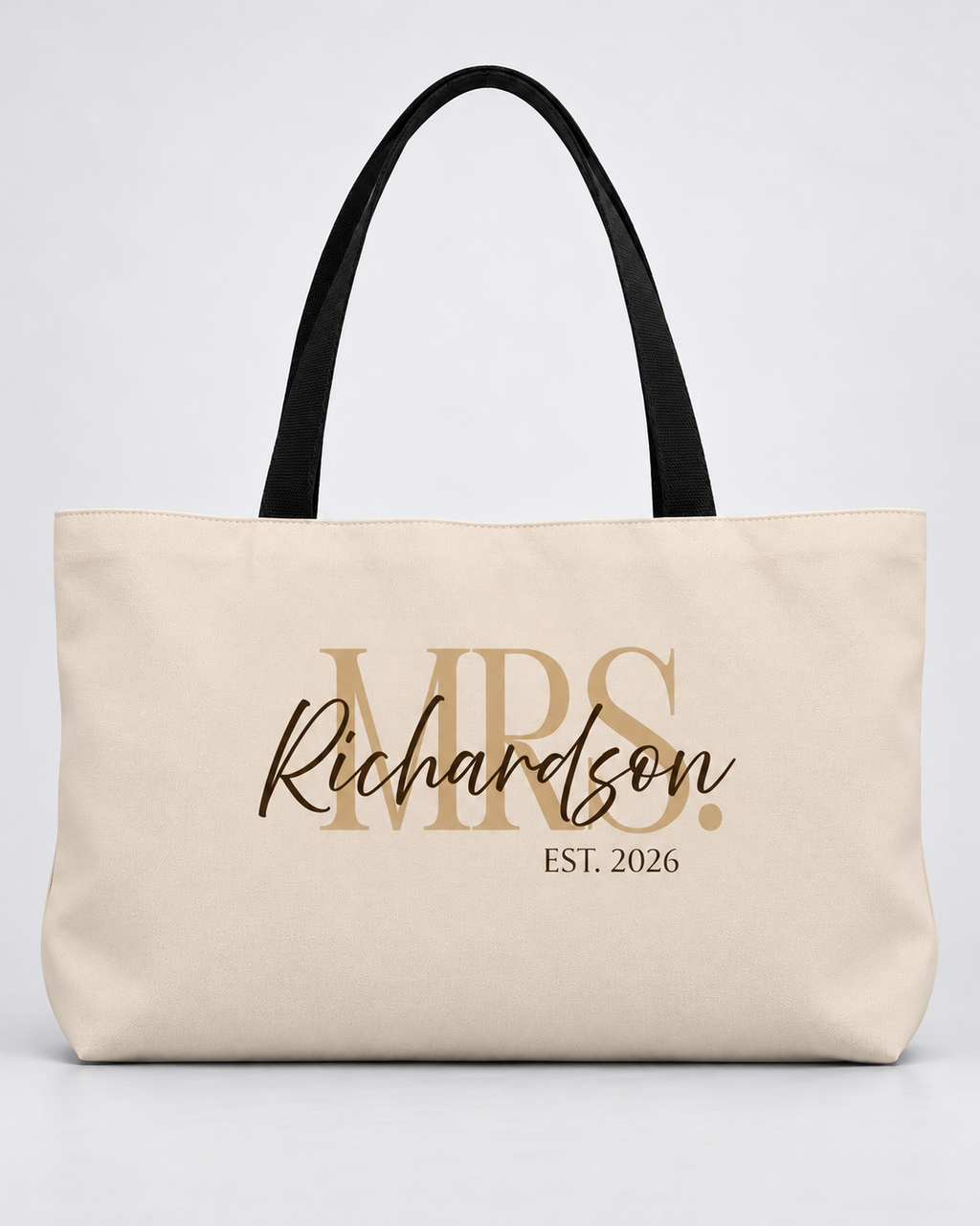 Personalized Mrs. Bridal Weekender Tote | Custom Bride Bag with Last Name, Wedding Year & Couple’s Initials, Champagne & Espresso