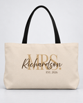 Personalized Mrs. Bridal Weekender Tote | Custom Bride Bag with Last Name, Wedding Year & Couple’s Initials, Champagne & Espresso