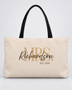 Personalized Mrs. Bridal Weekender Tote | Custom Bride Bag with Last Name, Wedding Year & Couple’s Initials, Champagne & Espresso
