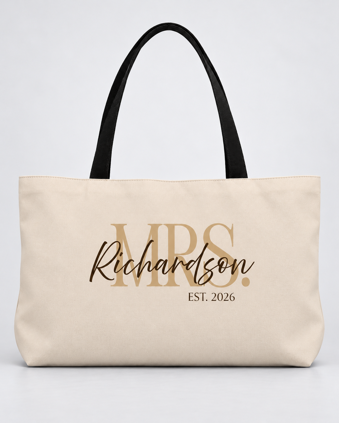Personalized Mrs. Bridal Weekender Tote | Custom Bride Bag with Last Name, Wedding Year & Couple’s Initials, Champagne & Espresso