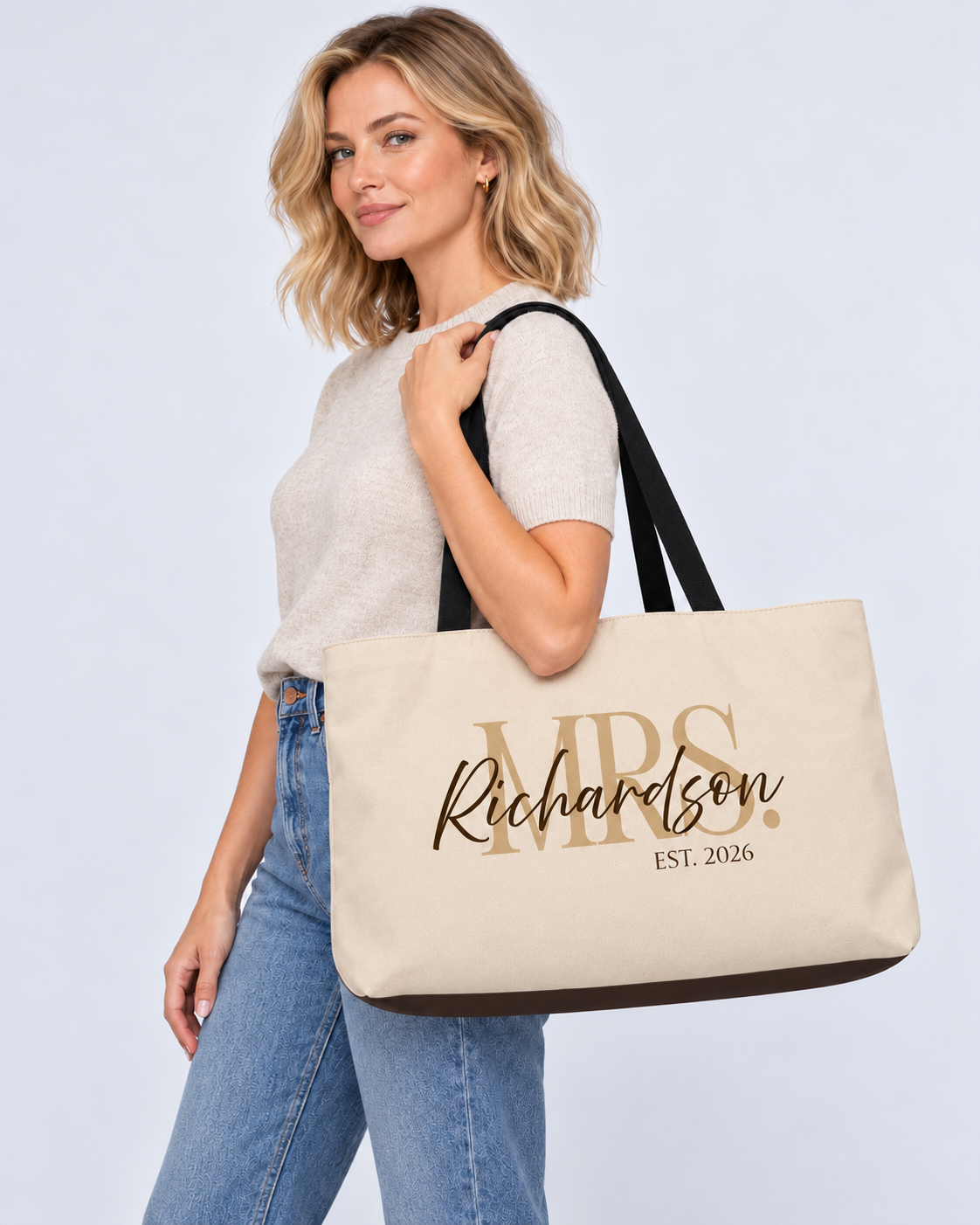 Personalized Mrs. Bridal Weekender Tote | Custom Bride Bag with Last Name, Wedding Year & Couple’s Initials, Champagne & Espresso