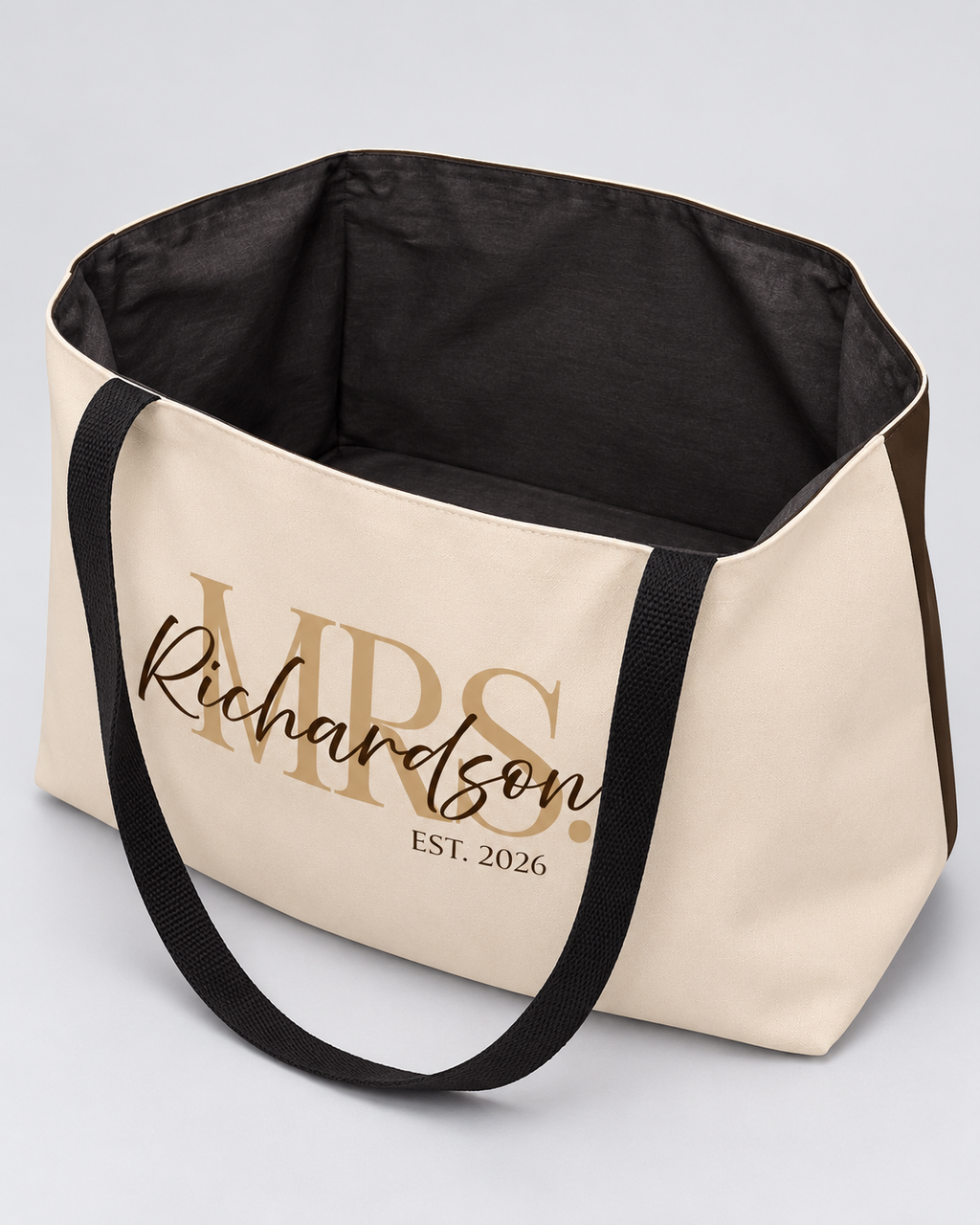 Personalized Mrs. Bridal Weekender Tote | Custom Bride Bag with Last Name, Wedding Year & Couple’s Initials, Champagne & Espresso