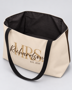 Personalized Mrs. Bridal Weekender Tote | Custom Bride Bag with Last Name, Wedding Year & Couple’s Initials, Champagne & Espresso