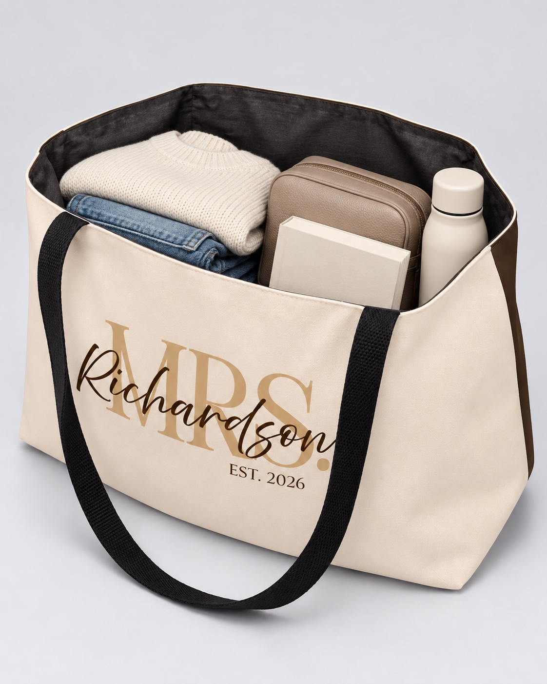 Personalized Mrs. Bridal Weekender Tote | Custom Bride Bag with Last Name, Wedding Year & Couple’s Initials, Champagne & Espresso